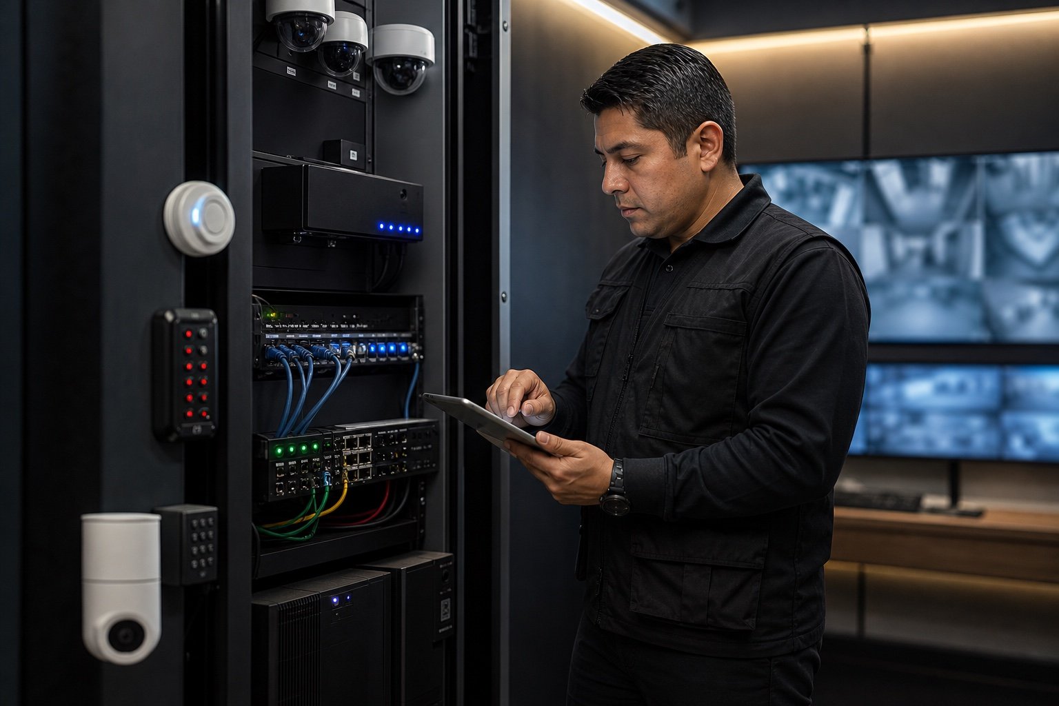 Técnico configurando equipos de videovigilancia y control de acceso