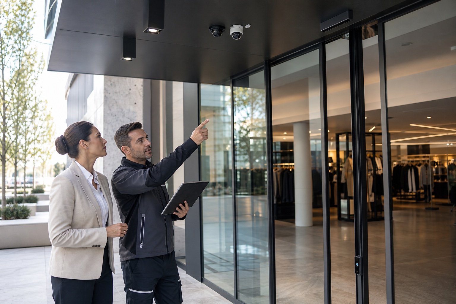 Especialista evaluando la ubicación de cámaras en un acceso comercial