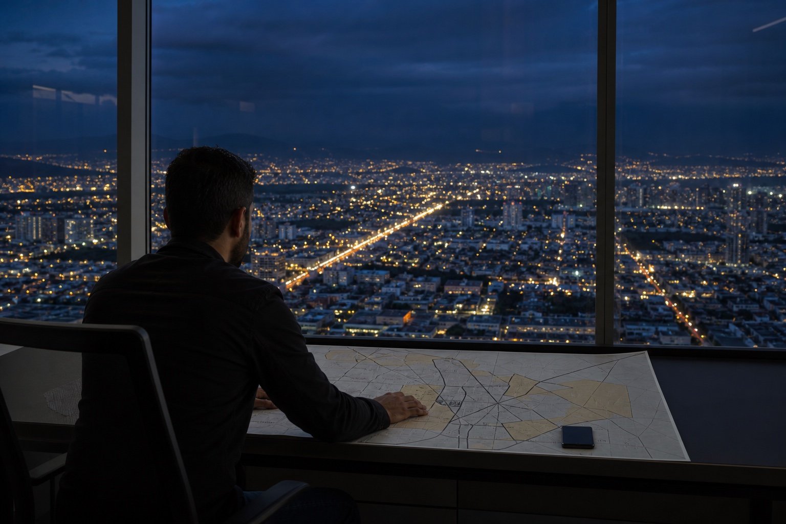 Coordinador revisando la cobertura metropolitana de Guadalajara por la noche