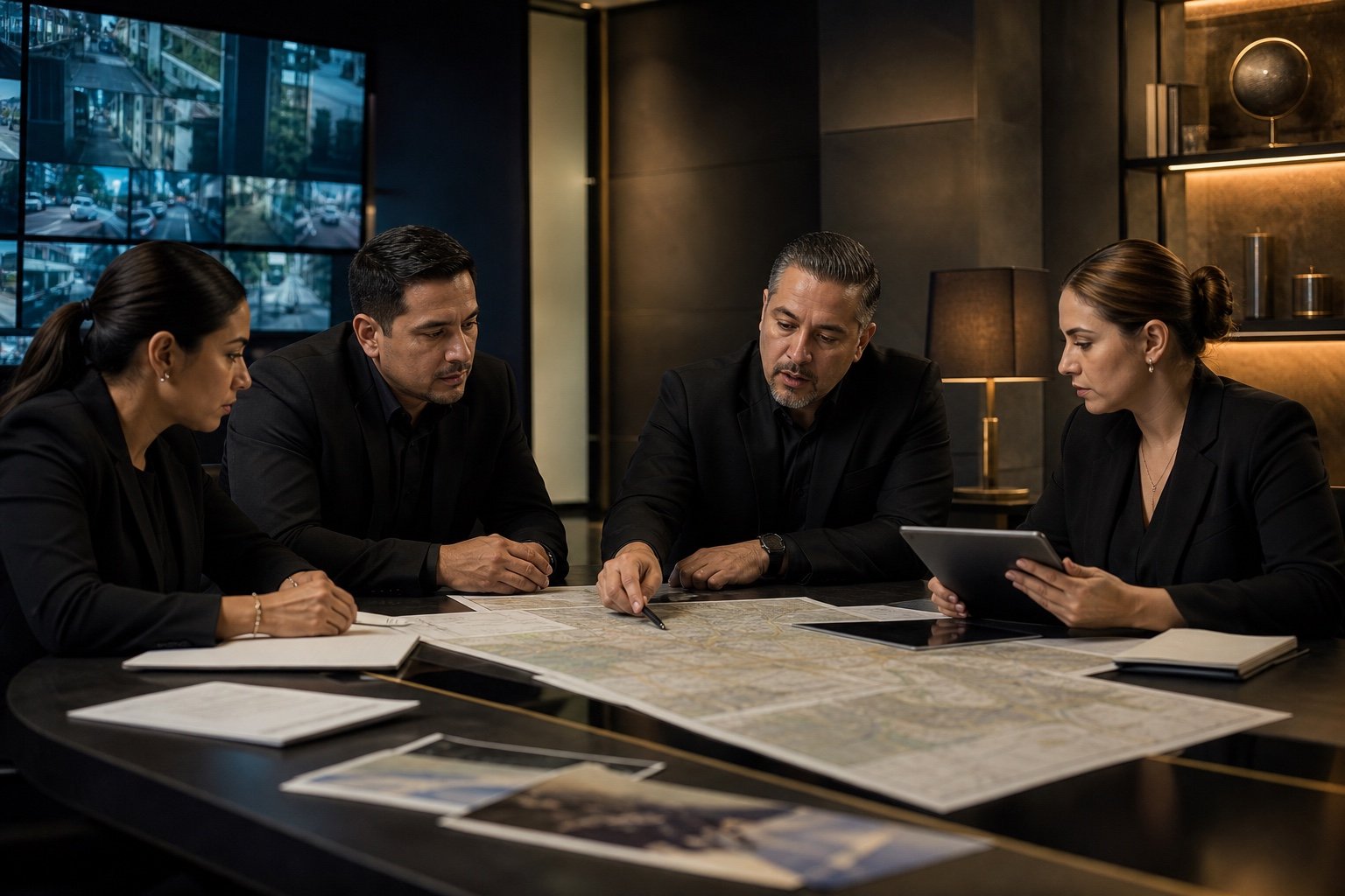 Equipo de seguridad coordinando rutas y recursos alrededor de una mesa